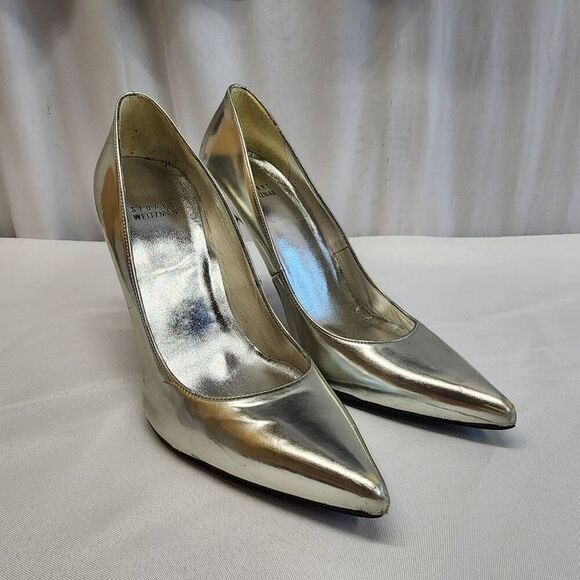 Stuart Weitzman Shoes - Stuart Weitzman Size 8 Patent Leather Silver Specchio Pump Heel (A)